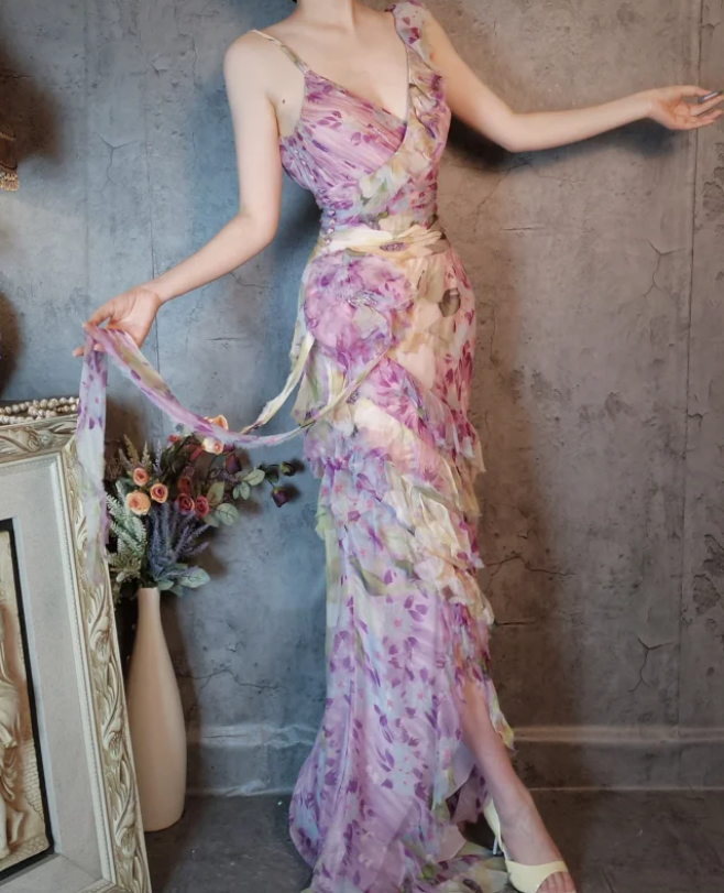 French Romantic Purple Floral Print V-Neck Backless Layered Pleated Chiffon Formal Prom Dress Main image