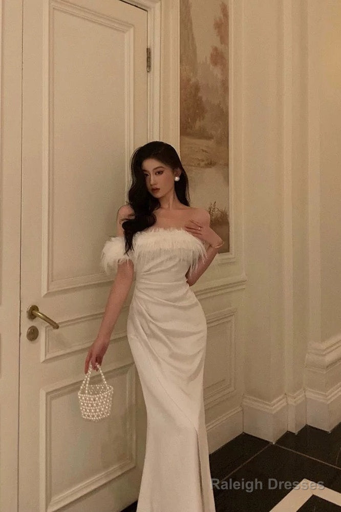French Sheath Off The Shoulder White Satin Slit Prom Dress Birthday Outfits