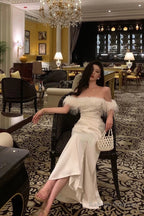 French Sheath Off The Shoulder White Satin Slit Prom Dress Birthday Outfits