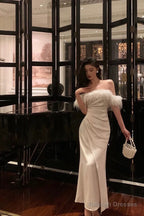 French Sheath Off The Shoulder White Satin Slit Prom Dress Birthday Outfits