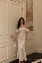 French Sheath Off The Shoulder White Satin Slit Prom Dress Birthday Outfits