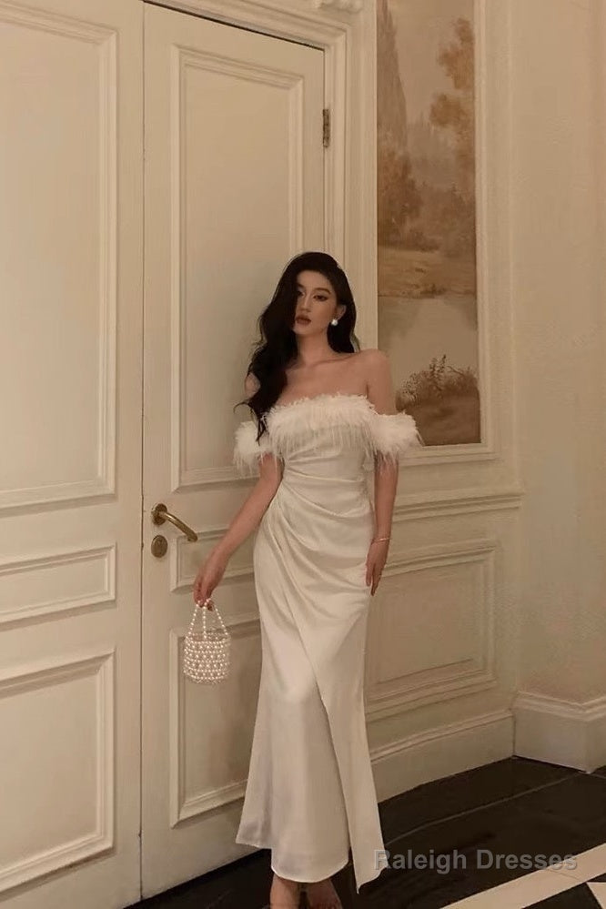 French Sheath Off The Shoulder White Satin Slit Prom Dress Birthday Outfits