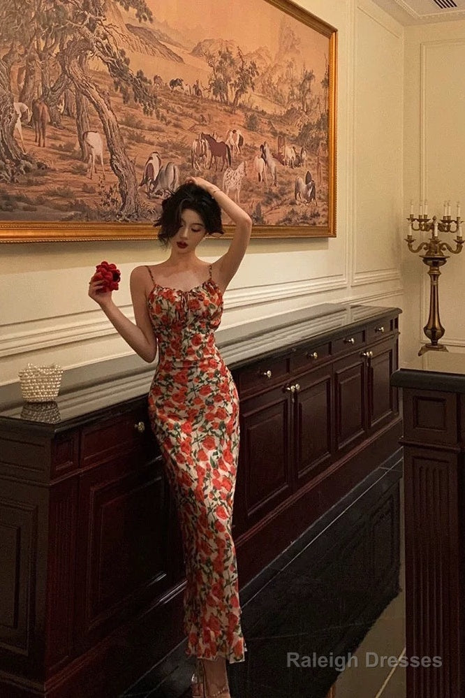 French Sheath Spaghetti Straps Floral Prom Dresses Birthday Outfits Evening Gown