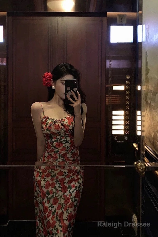 French Sheath Spaghetti Straps Floral Prom Dresses Birthday Outfits Evening Gown