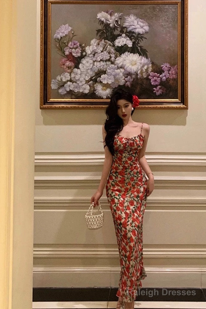 French Sheath Spaghetti Straps Floral Prom Dresses Birthday Outfits Evening Gown Main image