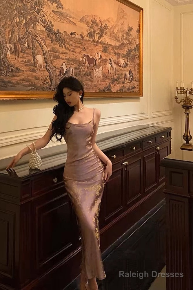 French Sheath Spaghetti Straps Lilac Satin Prom Dresses Birthday Outfits