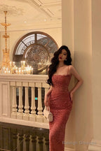 French Sheath Spaghetti Straps Pink Sleeveless Lace Prom Dresses Birthday Outfits