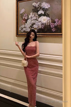 French Sheath Spaghetti Straps Pink Sleeveless Lace Prom Dresses Birthday Outfits