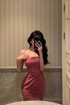 French Sheath Spaghetti Straps Pink Sleeveless Lace Prom Dress Birthday Outfits