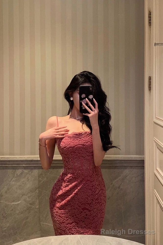 French Sheath Spaghetti Straps Pink Sleeveless Lace Prom Dress Birthday Outfits