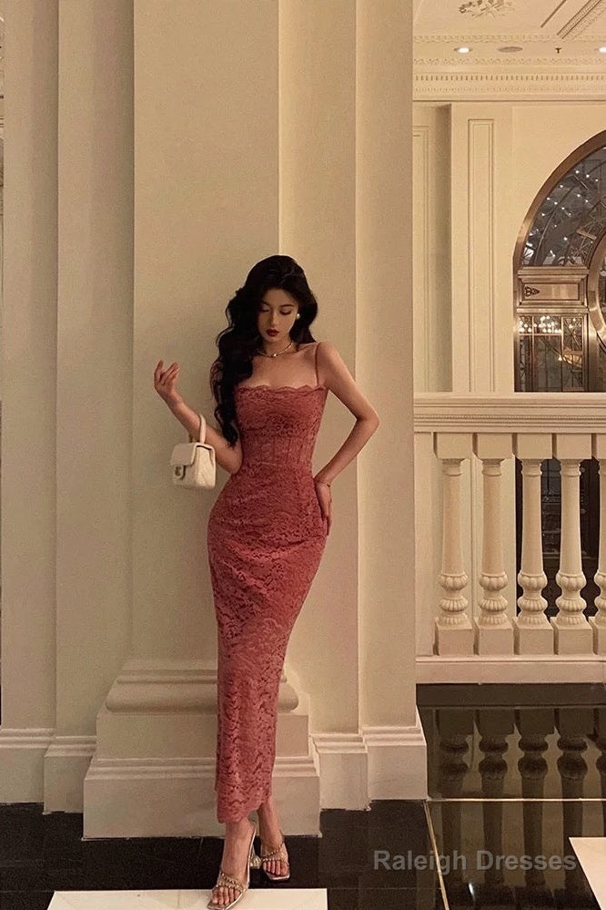 French Sheath Spaghetti Straps Pink Sleeveless Lace Prom Dresses Birthday Outfits Main image