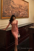 French Sheath Square Neckline Long Sleeves Pink Lace Prom Dresses Birthday Outfits