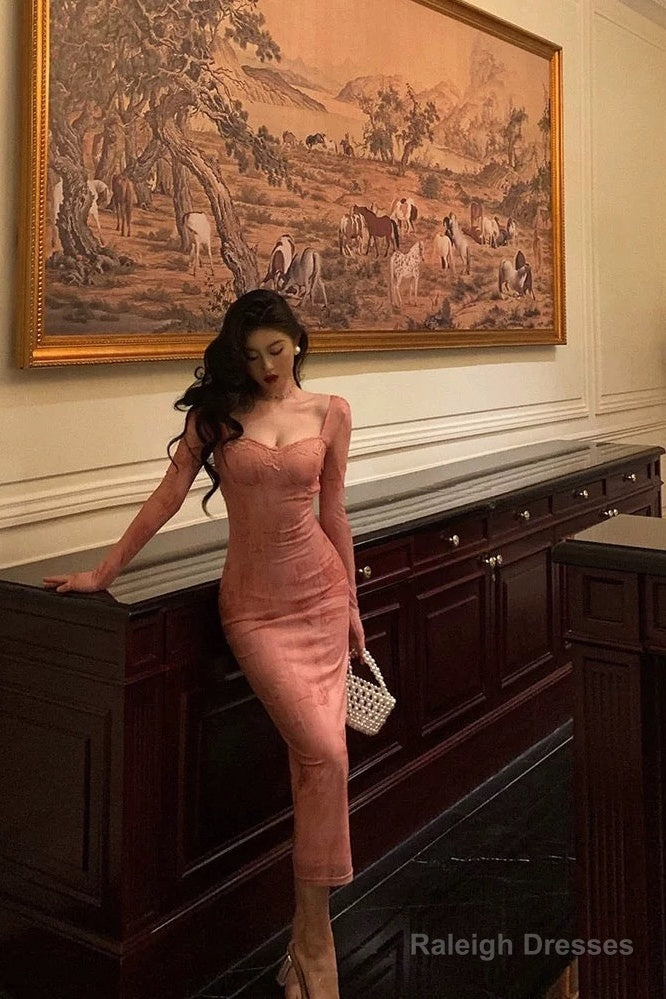 French Sheath Square Neckline Long Sleeves Pink Lace Prom Dresses Birthday Outfits