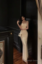 French Sheath Straps Ivory Long Tulle Prom Dress Birthday Outfits
