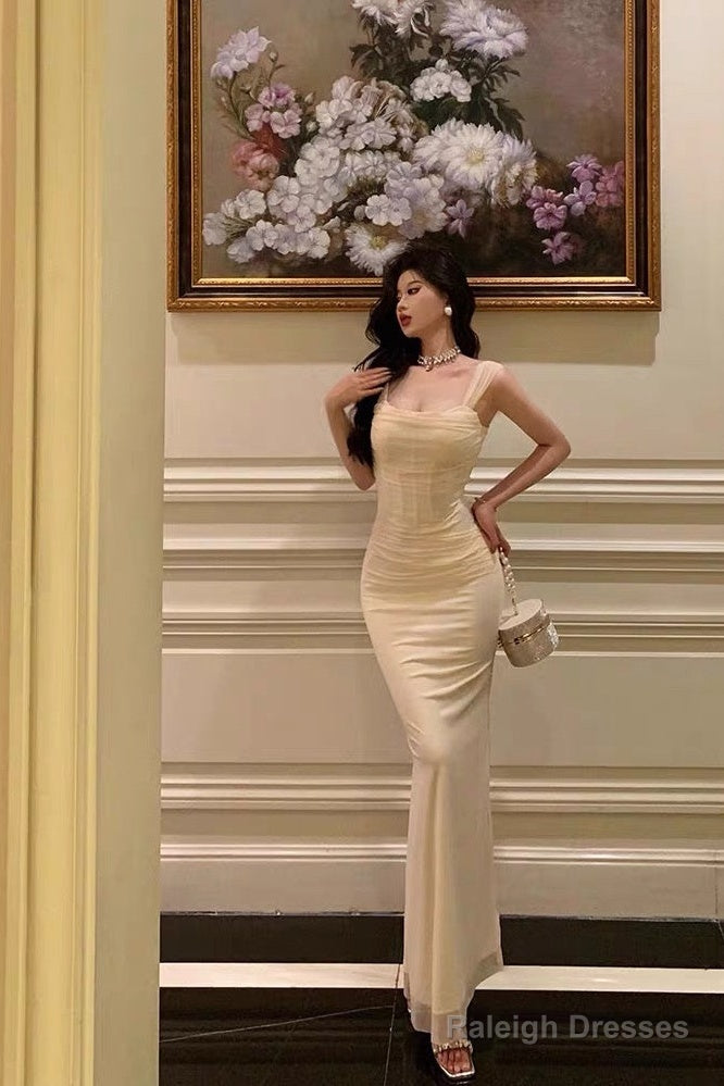 French Sheath Straps Ivory Long Tulle Prom Dress Birthday Outfits