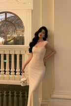 French Sheath Straps Ivory Long Tulle Prom Dress Birthday Outfits