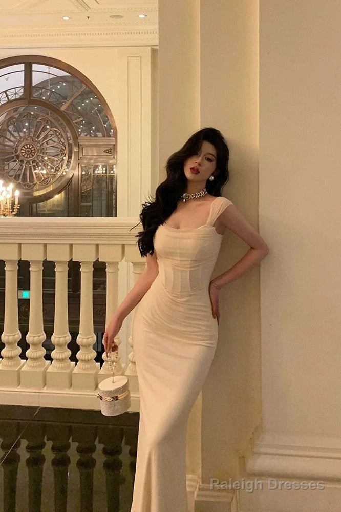 French Sheath Straps Ivory Long Tulle Prom Dress Birthday Outfits