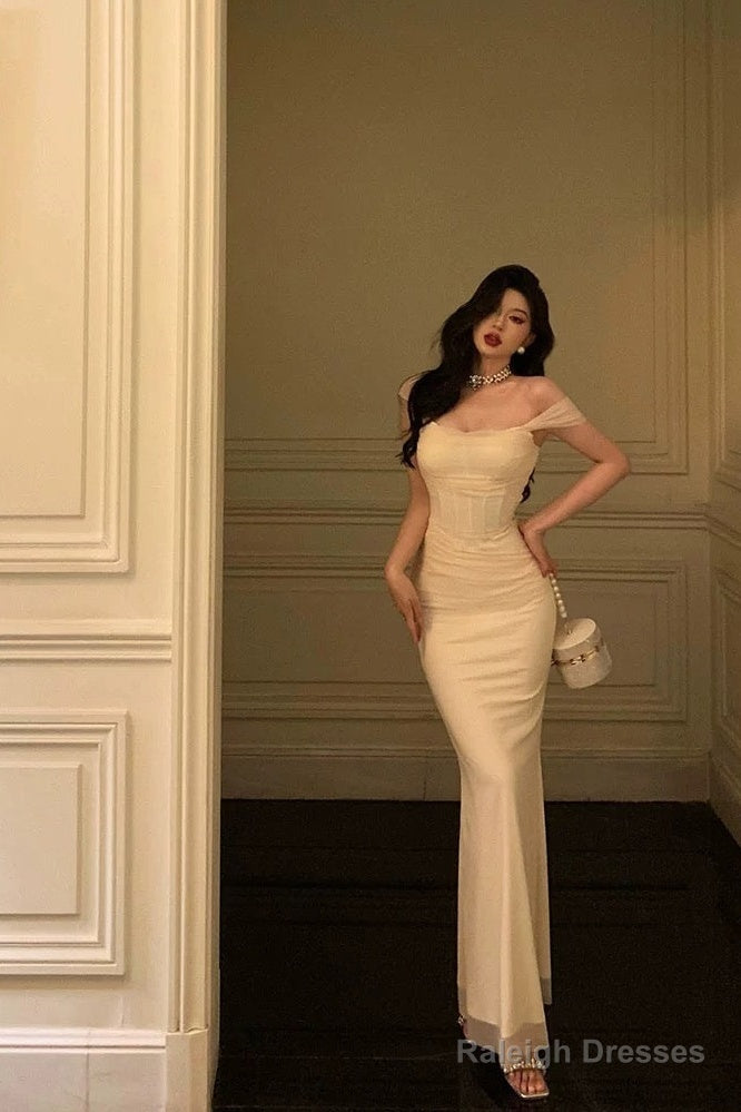 French Sheath Straps Ivory Long Tulle Prom Dress Birthday Outfits