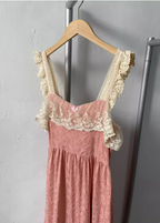 French Style Blush Pink Spaghetti Strap Square Neck Lace Jacquard Satin Formal Prom Dress