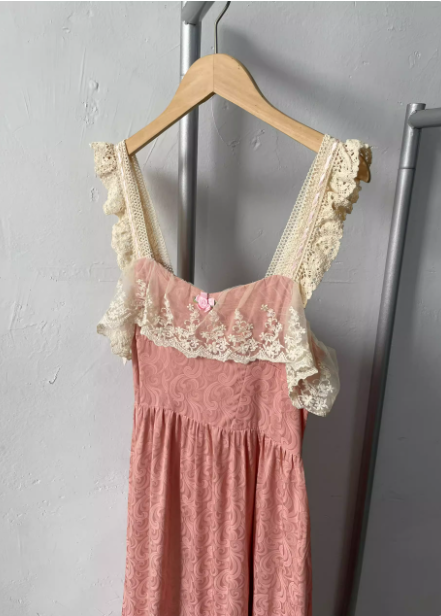 French Style Blush Pink Spaghetti Strap Square Neck Lace Jacquard Satin Formal Prom Dress