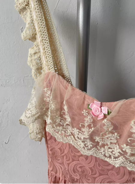 French Style Blush Pink Spaghetti Strap Square Neck Lace Jacquard Satin Formal Prom Dress