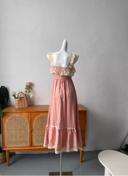 French Style Blush Pink Spaghetti Strap Square Neck Lace Jacquard Satin Formal Prom Dress