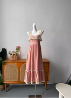 French Style Blush Pink Spaghetti Strap Square Neck Lace Jacquard Satin Formal Prom Dress