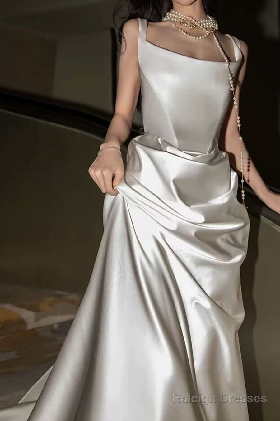 French Style White Satin A Line Elegant Prom Dress