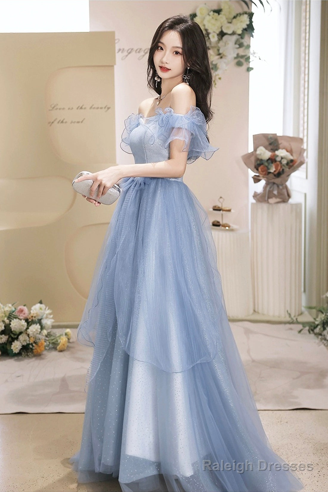 French Stylish Off Shoulder Blue Tulle Prom Dress With Bow Secondary image