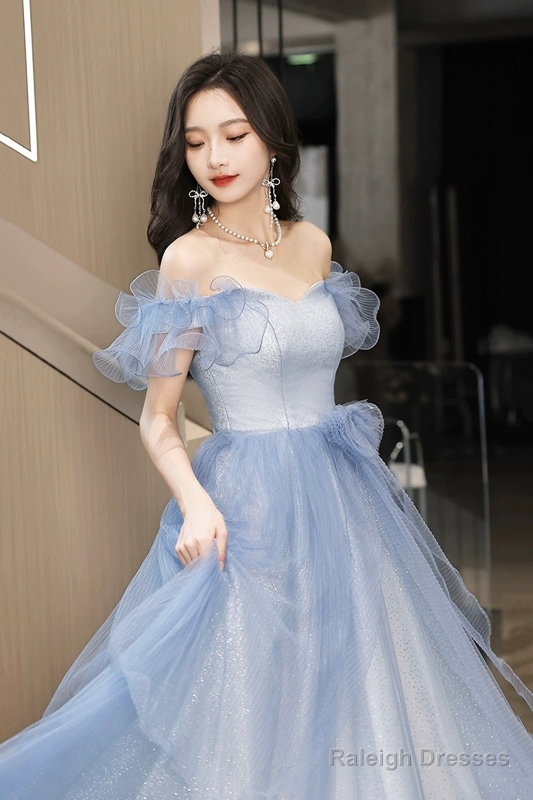 French Stylish Off Shoulder Blue Tulle Prom Dress With Bow
