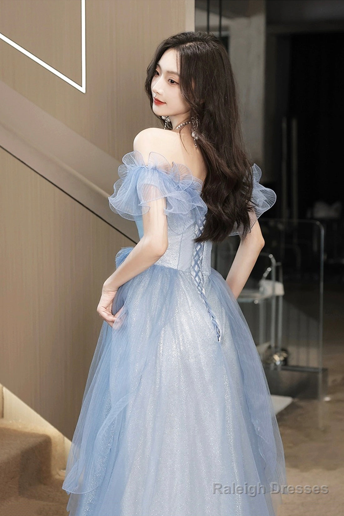 French Stylish Off Shoulder Blue Tulle Prom Dress With Bow