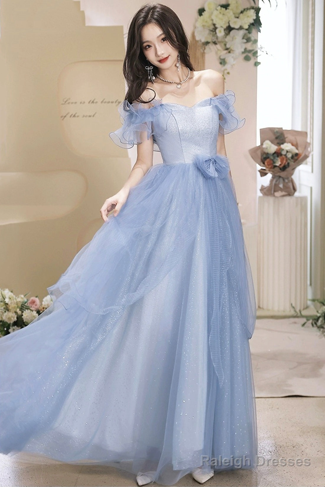 French Stylish Off Shoulder Blue Tulle Prom Dress With Bow Main image