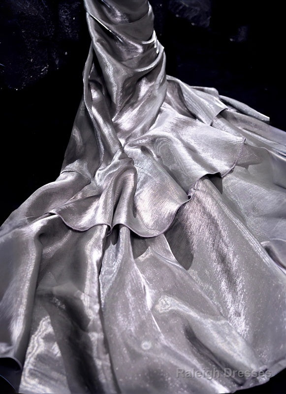 French Vintage Mermaid Spaghetti Straps Ruffles Silver Gray Prom Dress Birthday Outfits
