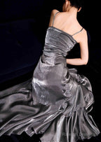 French Vintage Mermaid Spaghetti Straps Ruffles Silver Gray Prom Dress Birthday Outfits