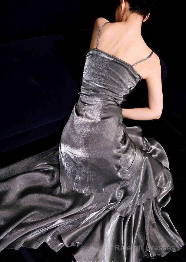 French Vintage Mermaid Spaghetti Straps Ruffles Silver Gray Prom Dress Birthday Outfits