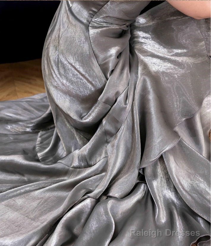 French Vintage Mermaid Spaghetti Straps Ruffles Silver Gray Prom Dress Birthday Outfits