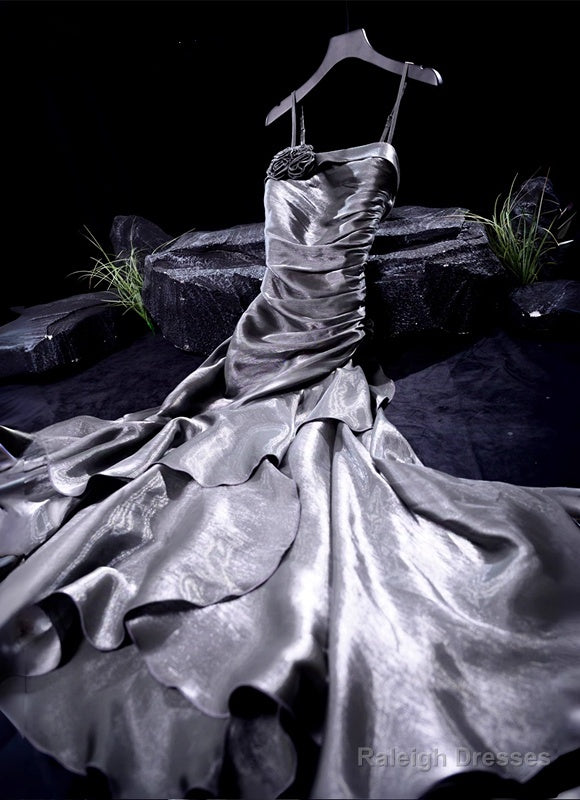 French Vintage Mermaid Spaghetti Straps Ruffles Silver Gray Prom Dress Birthday Outfits