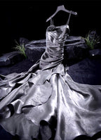 French Vintage Mermaid Spaghetti Straps Ruffles Silver Gray Prom Dress Birthday Outfits