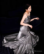French Vintage Mermaid Spaghetti Straps Ruffles Silver Gray Prom Dresses Long Birthday Outfits