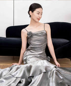 French Vintage Mermaid Spaghetti Straps Ruffles Silver Gray Prom Dresses Long Birthday Outfits
