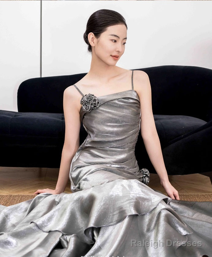 French Vintage Mermaid Spaghetti Straps Ruffles Silver Gray Prom Dresses Long Birthday Outfits