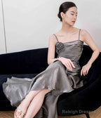 French Vintage Mermaid Spaghetti Straps Ruffles Silver Gray Prom Dress Long Birthday Outfits