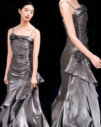 French Vintage Mermaid Spaghetti Straps Ruffles Silver Gray Prom Dress Long Birthday Outfits