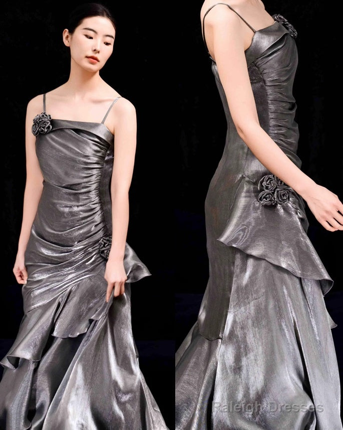 French Vintage Mermaid Spaghetti Straps Ruffles Silver Gray Prom Dress Long Birthday Outfits