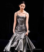 French Vintage Mermaid Spaghetti Straps Ruffles Silver Gray Prom Dresses Long Birthday Outfits