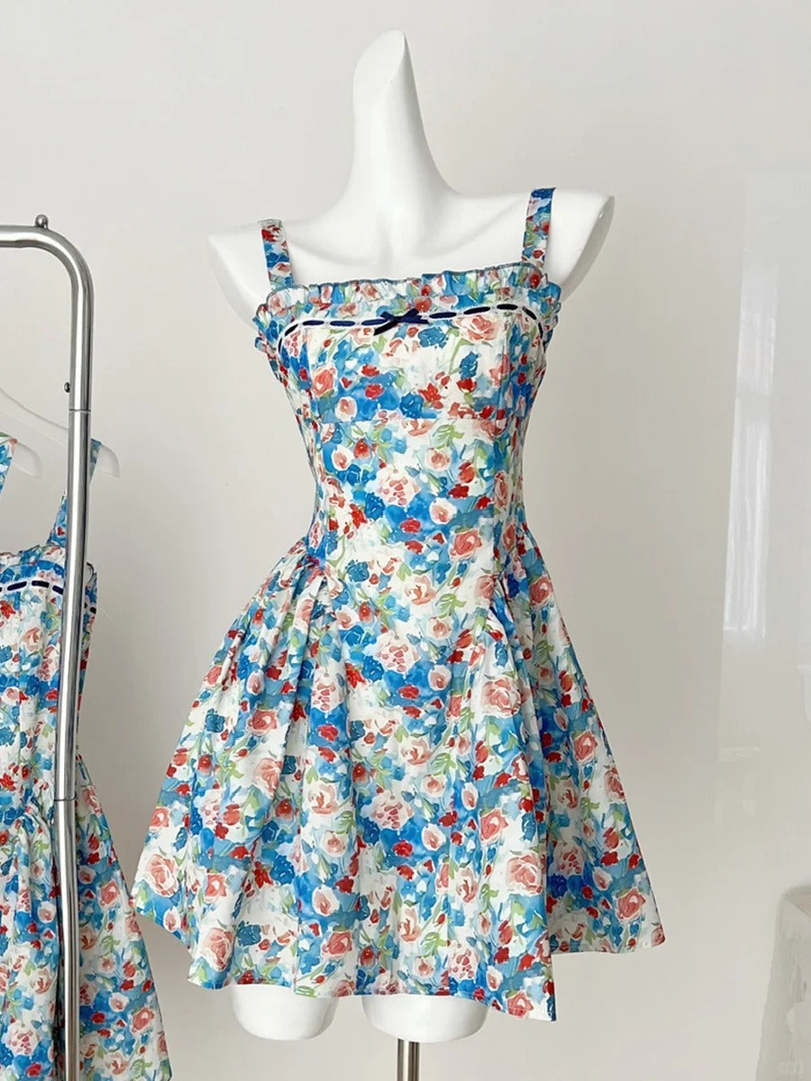 Fresh Blue Floral Waist Thin Strap Square Neck A-Line Short 16Th Birthday Homecoming Dress Main image