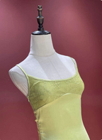 Fresh Elegant Pale Yellow Green Spaghetti Strap Lace Satin Formal Prom Dress