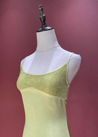 Fresh Elegant Pale Yellow Green Spaghetti Strap Lace Satin Formal Prom Dress