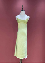 Fresh Elegant Pale Yellow Green Spaghetti Strap Lace Satin Formal Prom Dress