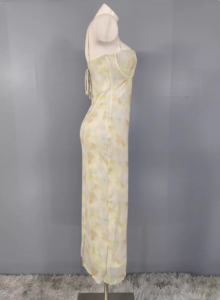 Fresh Gradient Print Spaghetti Strap Chiffon Long Formal Prom Dress